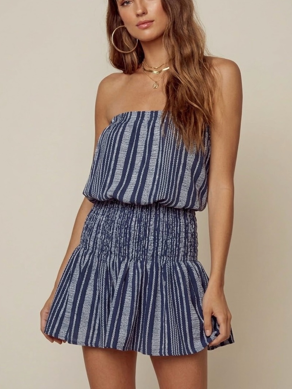 ☀️ MADE USA Blue Life Strapless Smocked Striped Mini Dress Convertible Skirt M